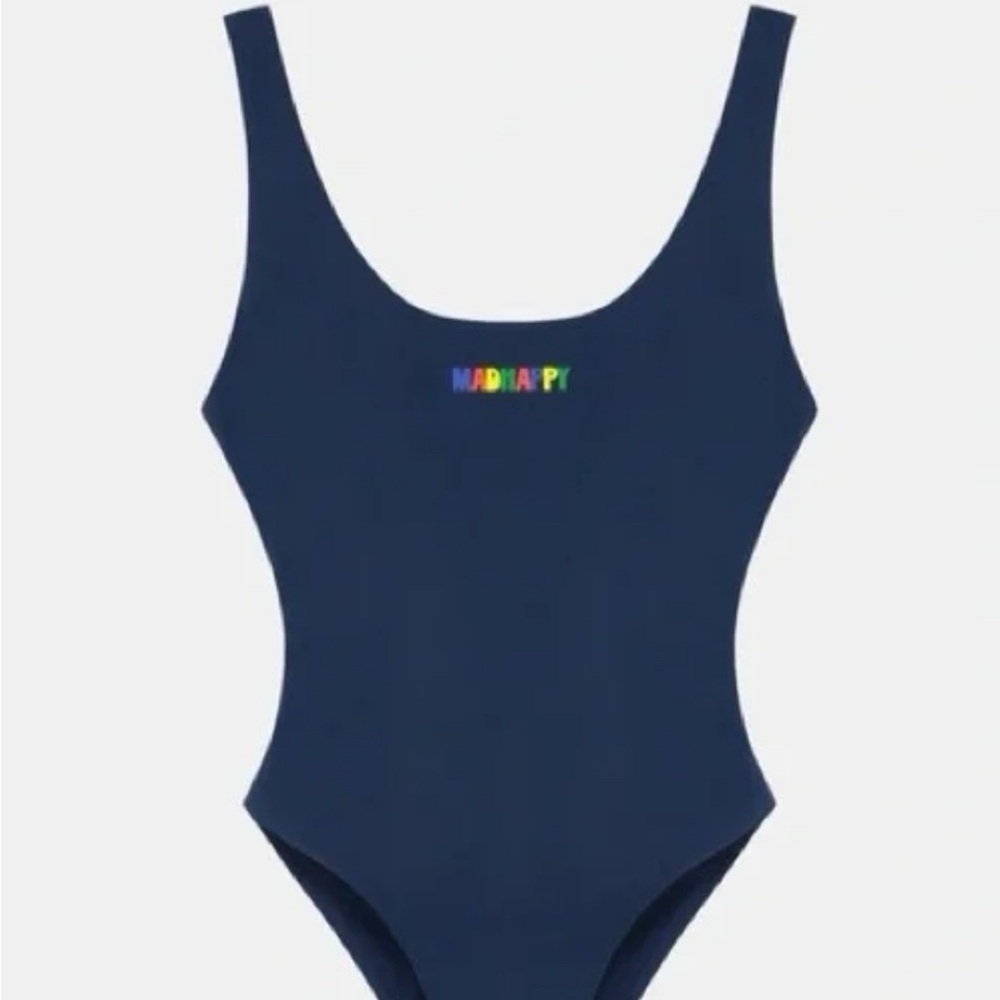 Onia x Madhappy Rachel one-piece swimsuit in navy with a rainbow logo.
